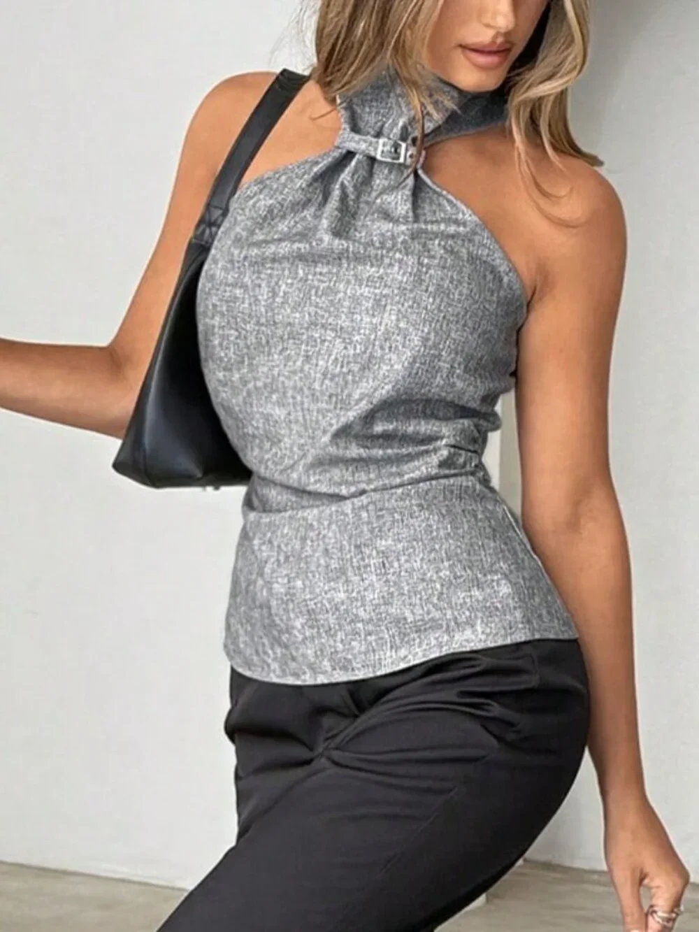 Gray Casual Women's Sleeveless High Neck With Gathering Front Detail - Picture 11 of 11